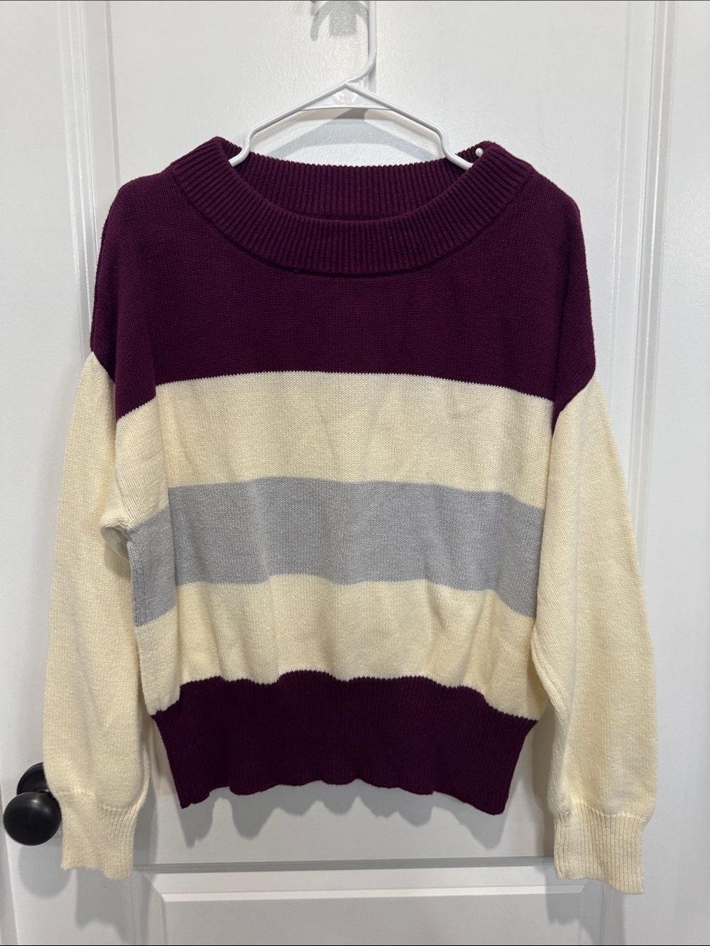 Lucky Brand Striped Crewneck Sweater in Plum, Cream & Light Gray